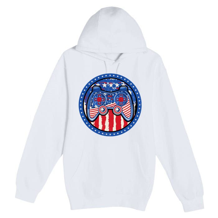 Gamer 4th of July American Flag Video Game Controller Premium Pullover Hoodie