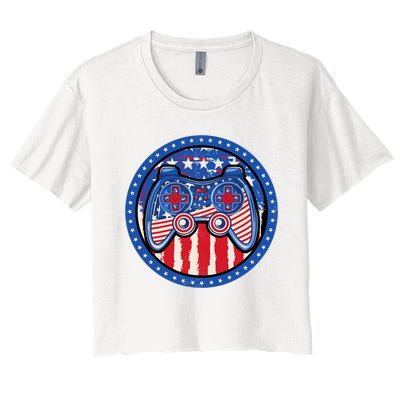 Gamer 4th of July American Flag Video Game Controller Women's Crop Top Tee