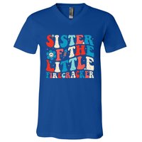 Groovy 4th Of July Birthday Sister Of The Little Firecracker V-Neck T-Shirt