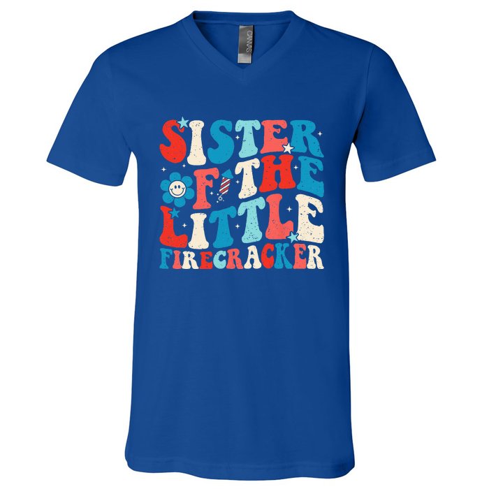 Groovy 4th Of July Birthday Sister Of The Little Firecracker V-Neck T-Shirt