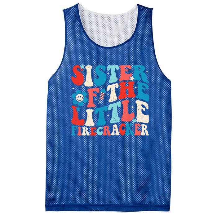 Groovy 4th Of July Birthday Sister Of The Little Firecracker Mesh Reversible Basketball Jersey Tank