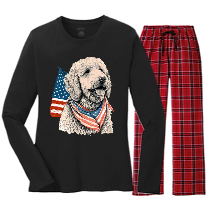 Goldendoodle 4th Of July Patriotic Golden Doodle Dog Women's Long Sleeve Flannel Pajama Set 