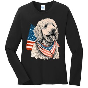 Goldendoodle 4th Of July Patriotic Golden Doodle Dog Ladies Long Sleeve Shirt