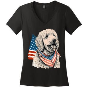 Goldendoodle 4th Of July Patriotic Golden Doodle Dog Women's V-Neck T-Shirt