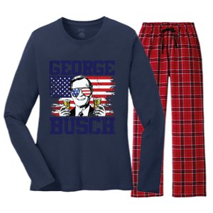 George 43rd President Drinking Beer Party Usa Flag July 4th Women's Long Sleeve Flannel Pajama Set 