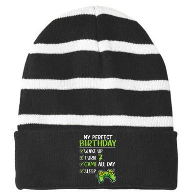 Gamer 7th Birthday Gaming 7 Years Old Perfect Gift Striped Beanie with Solid Band