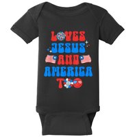 Groovy 70s Retro Loves Jesus and America Too Baby Bodysuit