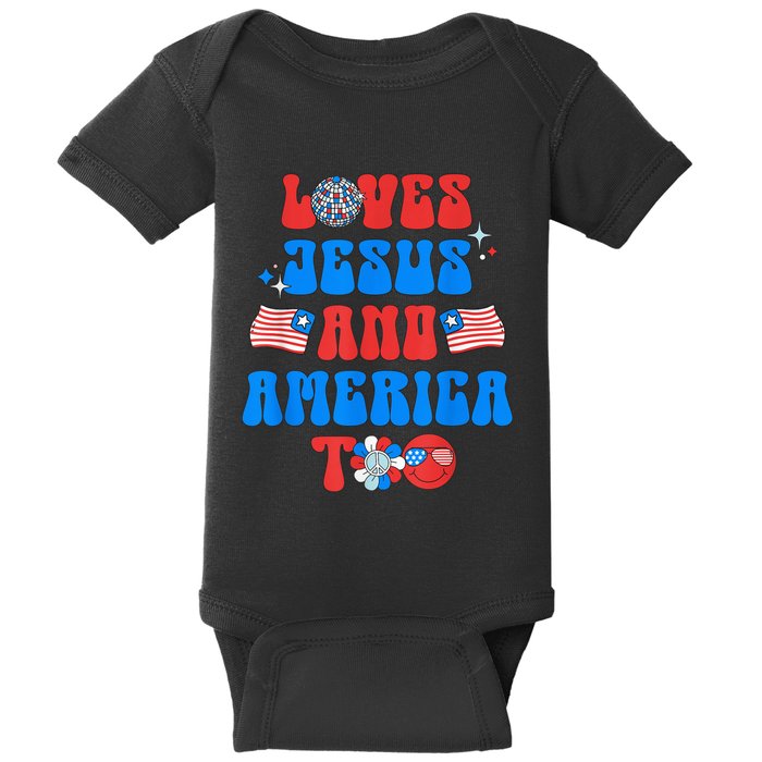 Groovy 70s Retro Loves Jesus and America Too Baby Bodysuit