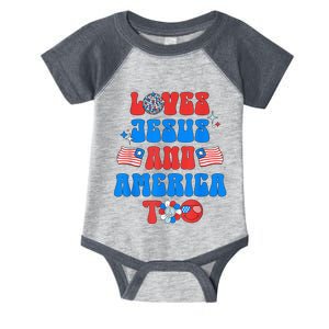 Groovy 70s Retro Loves Jesus and America Too Infant Baby Jersey Bodysuit