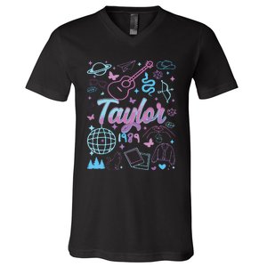 Groovy 80S Taylor First Name Personalized Birthday Girl V-Neck T-Shirt