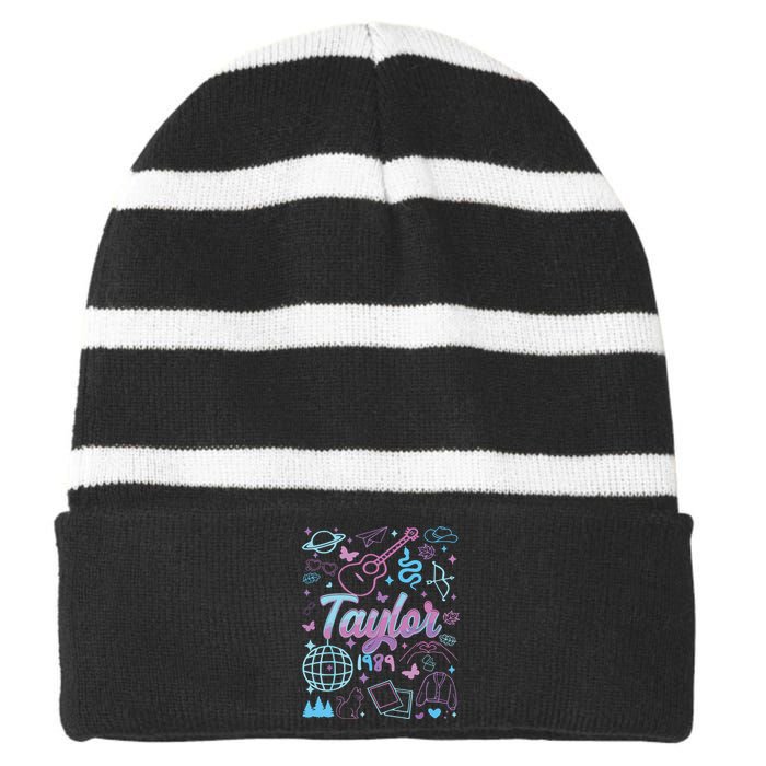 Groovy 80S Taylor First Name Personalized Birthday Girl Striped Beanie with Solid Band