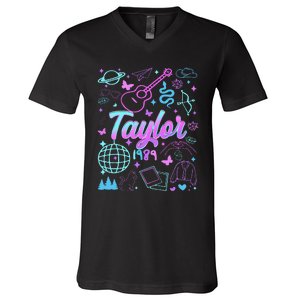 Groovy 80S Taylor First Name Personalized Birthday Girl Gift V-Neck T-Shirt