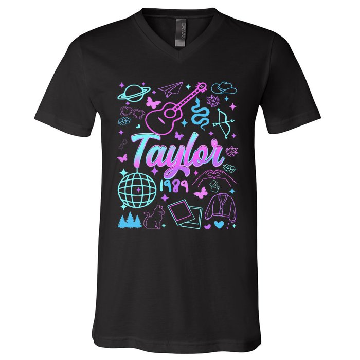 Groovy 80S Taylor First Name Personalized Birthday Girl Gift V-Neck T-Shirt