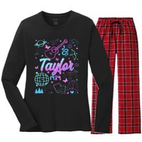 Groovy 80S Taylor First Name Personalized Birthday Girl Gift Women's Long Sleeve Flannel Pajama Set 