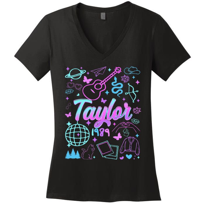 Groovy 80S Taylor First Name Personalized Birthday Girl Gift Women's V-Neck T-Shirt