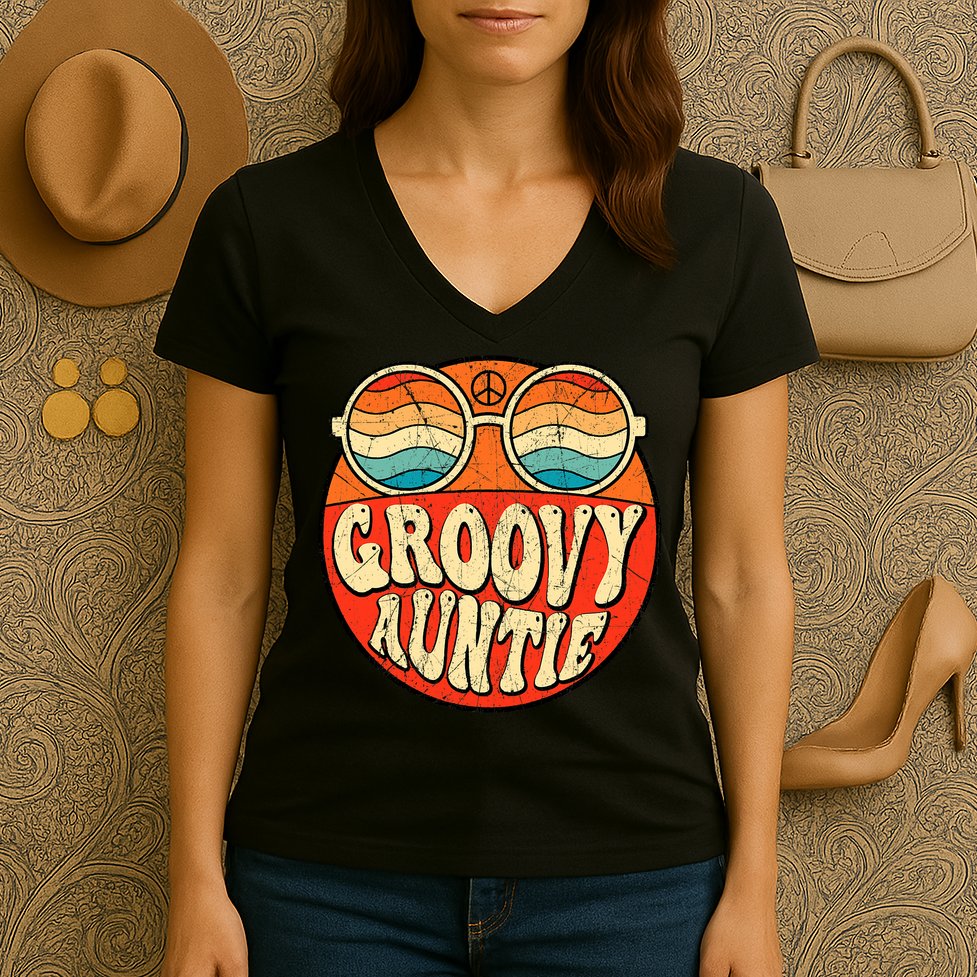 Groovy Auntie 70s Aesthetic Nostalgia 1970s Retro Aunt Women's V-Neck T-Shirt