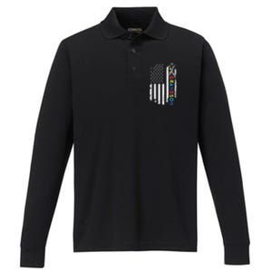 Grandson Autism Awareness American USA Flag Gift Performance Long Sleeve Polo