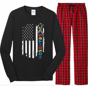 Grandson Autism Awareness American USA Flag Gift Long Sleeve Pajama Set