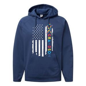 Grandson Autism Awareness American USA Flag Gift Performance Fleece Hoodie