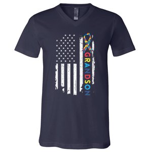 Grandson Autism Awareness American USA Flag Gift V-Neck T-Shirt