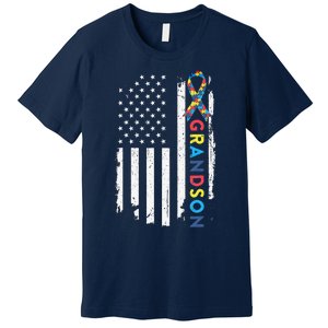 Grandson Autism Awareness American USA Flag Gift Premium T-Shirt