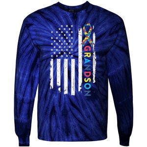 Grandson Autism Awareness American USA Flag Gift Tie-Dye Long Sleeve Shirt