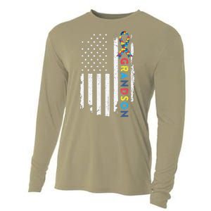 Grandson Autism Awareness American USA Flag Gift Cooling Performance Long Sleeve Crew