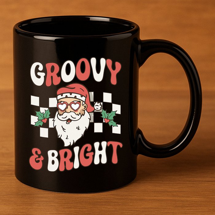 Groovy and Bright Christmas Santa Outfit 80s Retro Groovy 11oz C Handle Ceramic Mug