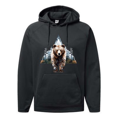 Grizzly Animal Bear In A Triangle Forest Performance Fleece Hoodie