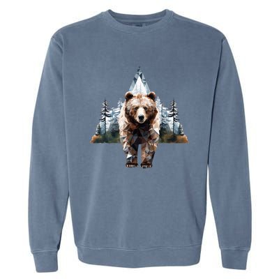 Grizzly Animal Bear In A Triangle Forest Garment-Dyed Sweatshirt