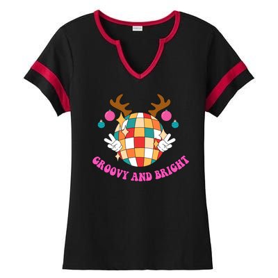 Groovy And Bright Disco Christmas Reindeer Ladies Halftime Notch Neck Tee