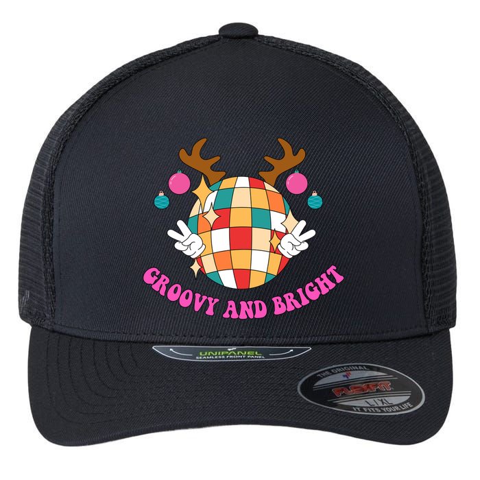 Groovy And Bright Disco Christmas Reindeer Flexfit Unipanel Trucker Cap