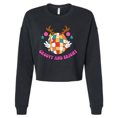 Groovy And Bright Disco Christmas Reindeer Cropped Pullover Crew