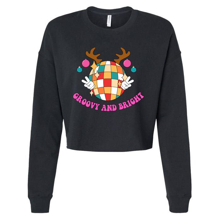 Groovy And Bright Disco Christmas Reindeer Cropped Pullover Crew