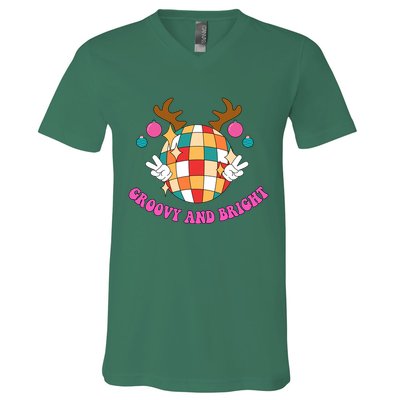 Groovy And Bright Disco Christmas Reindeer V-Neck T-Shirt