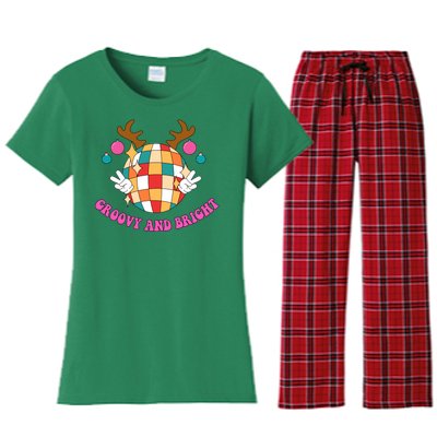 Groovy And Bright Disco Christmas Reindeer Women's Flannel Pajama Set