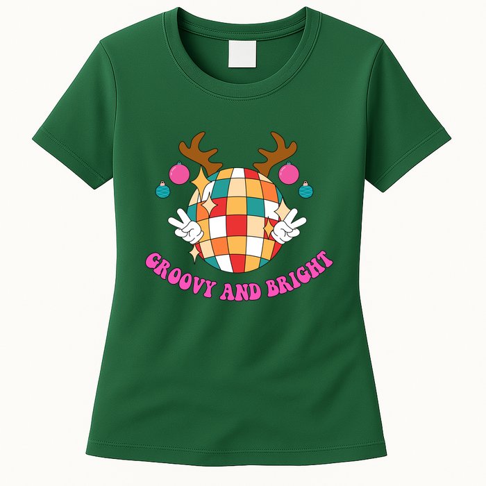 Groovy And Bright Disco Christmas Reindeer Womens T-Shirt