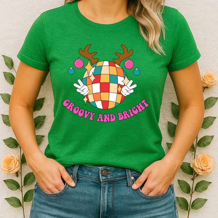 Groovy And Bright Disco Christmas Reindeer Womens T-Shirt