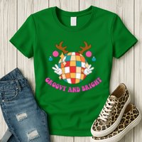 Groovy And Bright Disco Christmas Reindeer Womens T-Shirt