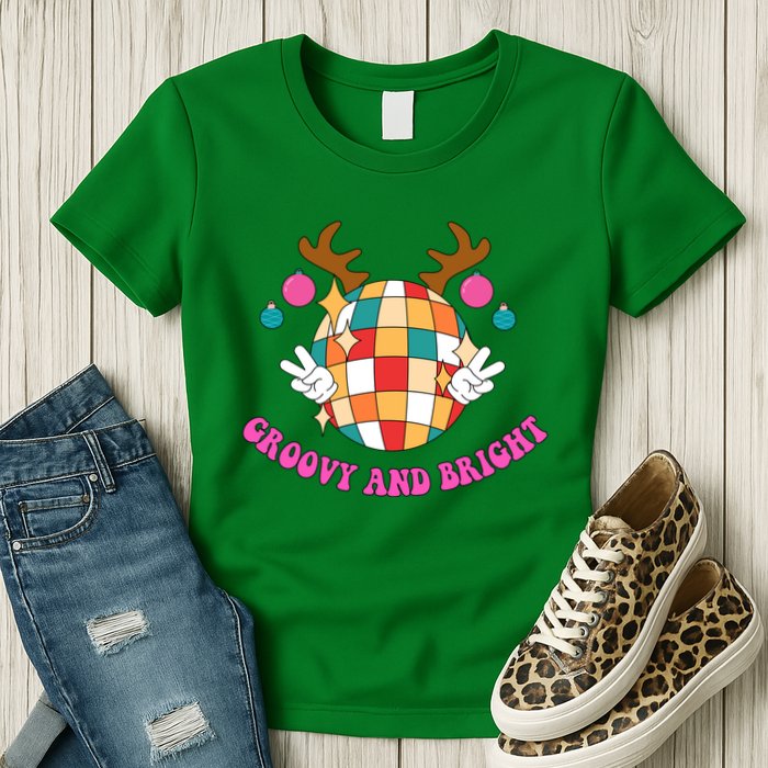 Groovy And Bright Disco Christmas Reindeer Womens T-Shirt