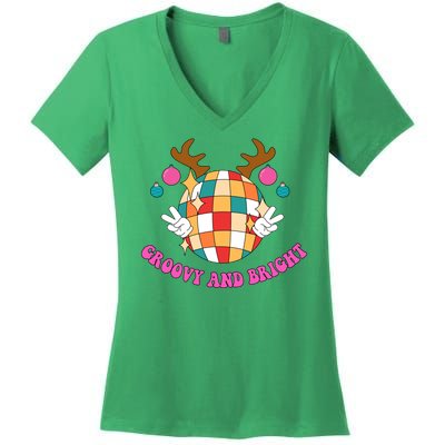 Groovy And Bright Disco Christmas Reindeer Women's V-Neck T-Shirt