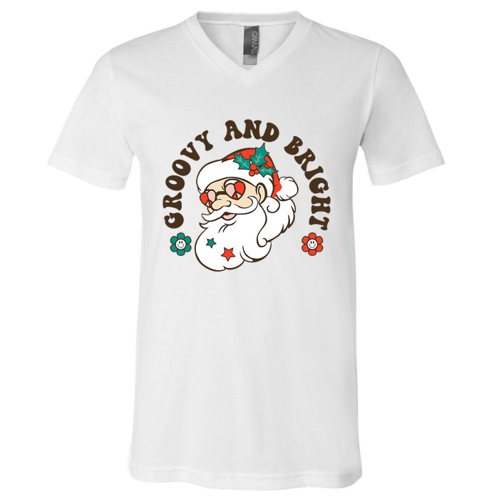 Groovy And Bright Santa Retro Christmas Winter Party V-Neck T-Shirt