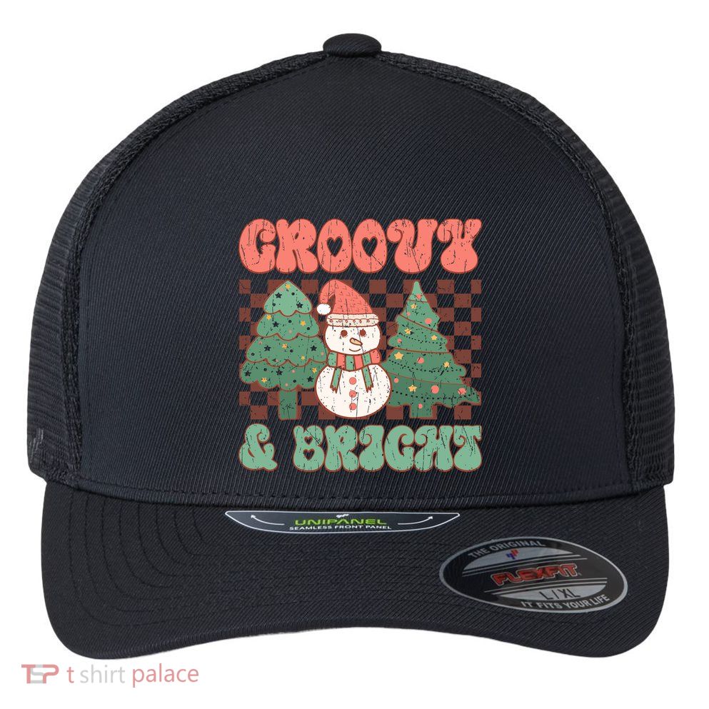 Groovy And Bright Snowman Christmas Tree Flexfit Unipanel Trucker Cap