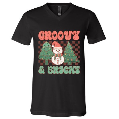 Groovy And Bright Snowman Christmas Tree V-Neck T-Shirt