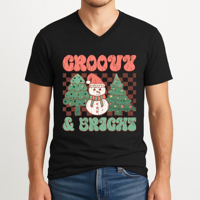 Groovy And Bright Snowman Christmas Tree V-Neck T-Shirt