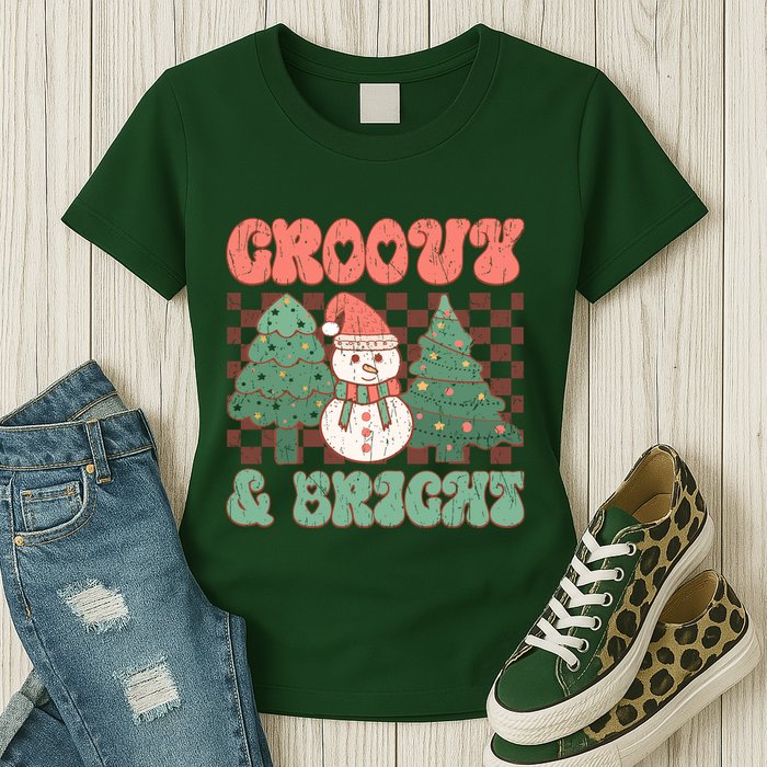 Groovy And Bright Snowman Christmas Tree Womens T-Shirt