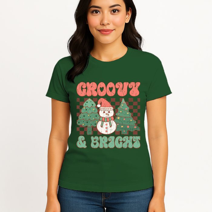Groovy And Bright Snowman Christmas Tree Womens T-Shirt