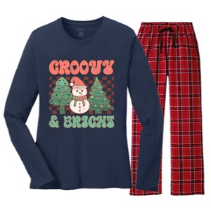 Groovy And Bright Snowman Christmas Tree Women's Long Sleeve Flannel Pajama Set 