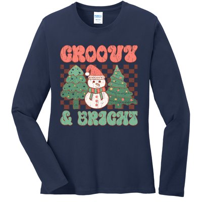 Groovy And Bright Snowman Christmas Tree Ladies Long Sleeve Shirt