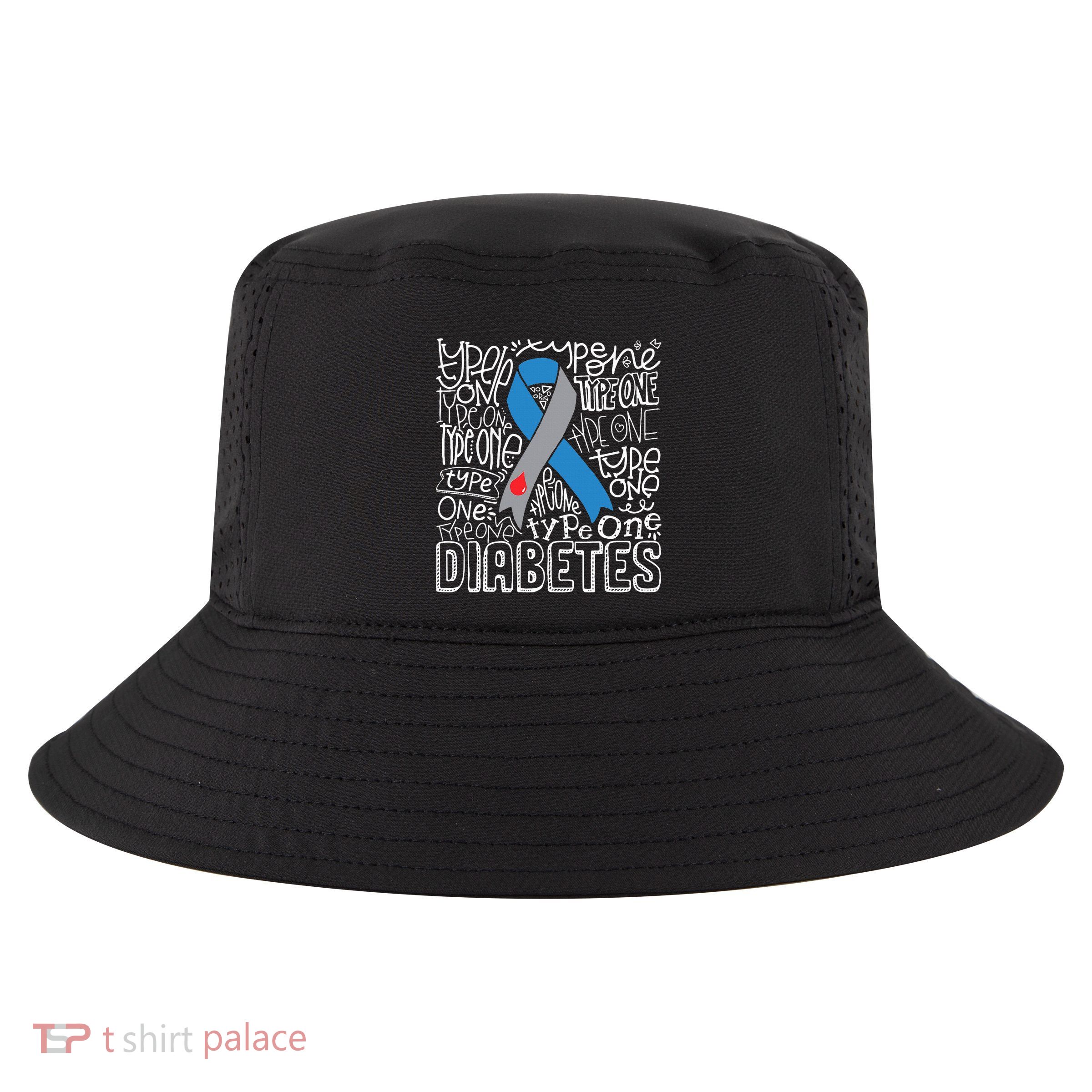Grey And Blue Ribbon Typography Type 1 Diabetes Awareness Cool Comfort Performance Bucket Hat
